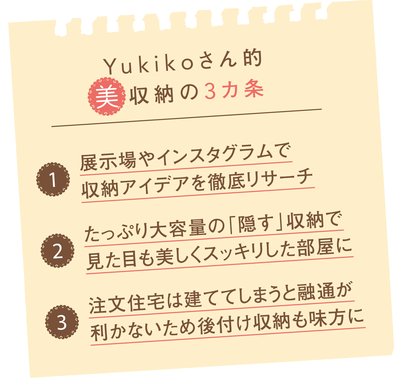 Yukikoさん的 美収納の3カ条 1.展示場やインスタグラムで収納アイデアを徹底リサーチ 2.たっぷり大容量の「隠す」収納で見た目も美しくスッキリした部屋に 3.注文住宅は建ててしまうと融通が利かないため後付け収納も味方に