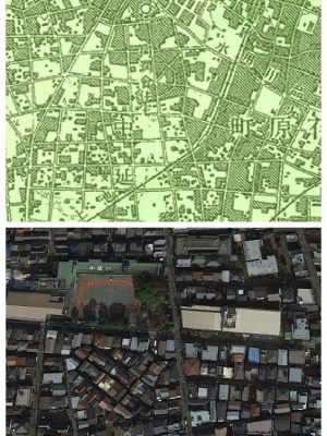 上は昭和6年の地図。中央部に同潤会住宅と書かれ部分があり、湾曲する道が巡らされているのが分かる。左上の四半分を除き、こうした湾曲した街路が作られていた 下はGoogle Earthで見た現地。周辺に比べて不自然な角度で家が建っている区画があるが、これがかつての湾曲した街路に沿って建てられた荏原住宅の名残り。外側の道路に面した住宅は建替えられたが、内部は建替え不能で残されてきた