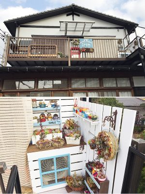 写真上:茶山ゴコの2階部分。それぞれの部屋の広さは約15~16m2で賃料は月額3万5000円。3面採光となっており、非常に開放的だ<BR />写真下:Stemの屋外には、岩永さんがアレンジした作品が所狭しと並べられている