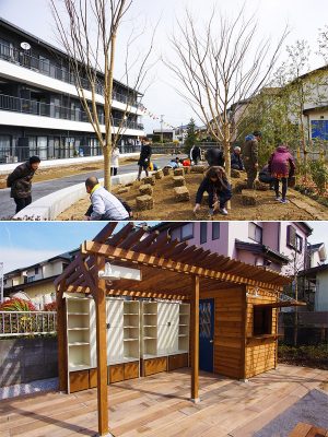 (写真上)入居者と地域住民によるコモンガーデンのワークショップの様子。当日は、小さな子どもから高齢者まで幅広い世代が参加したという<BR />
(写真下)まちライブラリが設置されている小屋。オーナーと地域住民がDIYで作り上げたもので、製作期間は約1週間だったという