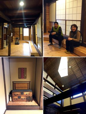外観と合わせた和の雰囲気が落ち着く『やなぎ屋』。写真左上:土間を進むと吹き抜けの明るいロビーが広がる。寒い時期は宿泊客も集まってストーブを囲んでだんらんすることも。写真右上:宮澤博光さんと土岐幸枝さん