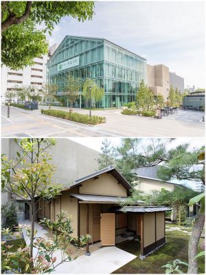 写真上:ガラス張りのモダンな外観が目を引く、堺の文化観光拠点『さかい利晶の杜』写真下:施設内にある「さかい待庵」。千利休の茶室で唯一現存する国宝「待庵」の創建当初の姿を想定復元した。(写真提供:さかい利晶の杜)