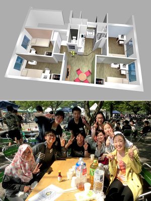上/住戸全体のイメージ。共用のリビング、水まわりを囲むように個室を配置(画像提供/ジェイアール東日本都市開発) 下/2018年4月、入居者参加で行われたバーベキュー・パーティー(写真提供/ジェイ・エス・ビー)