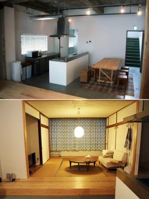 <画像上>キッチンダイニング。シェアリビングに設置されたオープンキッチンとスタイルが手作りしたテーブルとチェア。4人では広すぎるくらいのワンフロア(画像提供:有限会社スタイル)<br>
<画像下>シェアリビングは、もともとあった和室を生かした。中央の大きなまるテーブルは、アクタスの商品