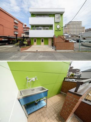 <写真上>名古屋市北区に位置する「Pet Share180°上飯田」。緑色の壁がひと際目を引く。家の形と動物をモチーフにしたイメージイラストとシェアハウス名を大きく出したのは、株式会社シェア180・伊藤正樹社長の案。東海エリア初ということもあり、認知度アップを図る<写真下>外階段には散歩帰りにペットの脚を洗えるシンクを設置