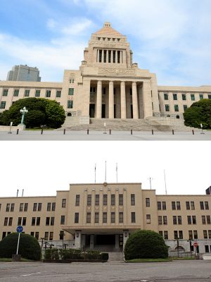 (上)大熊喜邦が中心となって設計した、昭和11年(1936年)竣工の国会議事堂(下)大熊の監修のもと、増田が担当した富山県庁舎。昭和10年(1935年)に完成した。和歌山県庁舎とよく似ているが、装飾レリーフのモチーフは全く違う。最上階の窓のアーチもない(画像提供:ピクスタ)