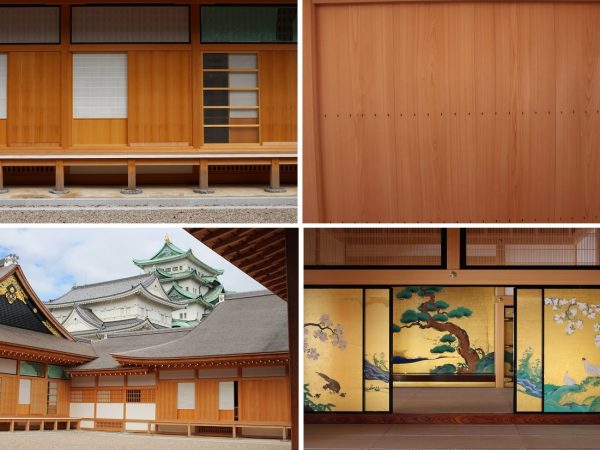 <写真左上>建物の土台となる礎石に柱を乗せるのは、「ひかりつけ」という柱の接着面を石の凹凸に合わせて削る伝統的な工法が施されている<写真左下>本丸御殿の外観と天守閣。右側が対面所、左側が上洛殿<右上>本丸御殿内の壁。杢目が美しい。「木造なので、木がいっぱいありすぎてあまり見てくれない方が多いかもしれないけれど、ぜひ見て欲しいところです。当時と同じものを造る、良い品質のものを見せるのには、木にも見方があって、それに合わせた集め方をするのが、大変でした。板目、柾目というのもあるし、床の間も杢目柄が切れないようにしています」と吉原さん。ぜひ注目してほしい。<写真右下>吉原さんが「杢目が最もきれいに入っている」という表書院の床の間