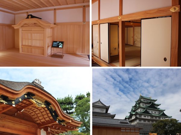 <写真左上>第3期で完成した湯殿書院(ゆどのしょいん)。中央にあるのが将軍専用の浴室(湯殿)。外にある釜で湯を沸かし、その湯気を利用したサウナ式蒸し風呂だった<写真右上>清須城にあった家康の宿舎を移築したとも伝わる黒木書院。本丸御殿のほかの部屋が総ヒノキ造りであるのに対し、ここは松を使用。経年変化で黒くなっていくことから名が付けられたとされる。実際、6月の完成時からすでに色合いが変化している<写真左下>吉原さんが感動した場所が、玄関のこけら屋根の曲線美。箕甲(みのこ)と呼ばれ、つながってうねりが重なり合っているところが美しいという<写真右下>名古屋城の天守閣は鉄骨鉄筋コンクリートで再建されたが、耐震性に対応するため、現在は閉館している