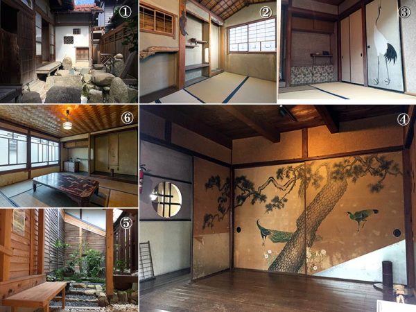 生まれ変わった「寿ゞ家」
<br>左上から時計回りに①新館南庭。元々あった岩などを生かしながら、茶室へ続く庭として天野さんが設計施工した
<br>②は茶室の内部。船底天井に網代天井、侘び錆びというよりあれもこれもといった感じではあるが、当時の何でも取り入れてしまえという豪快さを感じる
<br>③凛とした鶴の襖絵が迎えてくれる新館「鶴の間」。④本館玄関の上り口。松の絵が目を引く
<br>⓹「寿ゞ家」の横を通る地蔵小路に造られた無料休憩所「小路苑」。以前は古びた小屋が建っていたが、観光客の休憩所として、茶室と新館庭のみを使う場合の導線として新たに整備された
<br>⑥本館1階の座敷。天井には幅の広い網代天井となっており、格の高い部屋だったことをうかがわせる<br>(②③⑥写真提供:天野さん)
<br>5年でここまで生まれ変わった。今後の5年に期待が寄せられる