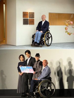 <画像上>阿部建設株式会社の阿部一雄氏。2年前には「木の家と太陽と車いす」という自らの体験をまとめた書籍を出版。健常者には気づきにくい視点が多く、なるほどと思わされる1冊だった<br>
<画像下>映画は公開初日にぴあ初日満足度ランキング1位になるなど大ヒットとなり、それを記念したスペシャルトークイベントが開催され、こちらも満席の人気だった