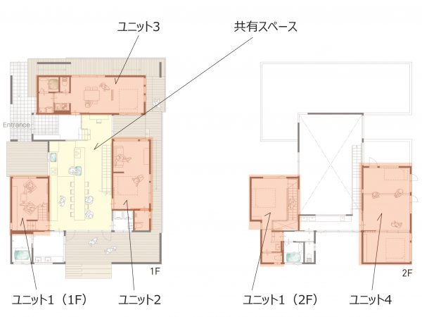 ▲これがLIXIL住宅研究所の実験住宅『五世代』の間取りだ。その名の通り5世代・4世帯が暮らす想定のプランニングで、部屋数はなんと4LLLDDKKK。外観は四角いボックスを組み合わせたようなモダンなデザインになっており、玄関を入ると『家族の共有スペース』として約28畳の広大な吹抜リビングが広がっている。この共用スペースを囲むようにして4つのユニットがあり、ユニット1は85歳の高齢夫婦、ユニット2は65歳のシニア夫婦、ユニット3は45歳の働き盛り夫婦、ユニット4は25歳の子育てファミリーの部屋をイメージして設計されている。郊外型住宅という想定のため、建築面積は56坪・延床面積は64坪とゆとりある広さが印象に残る