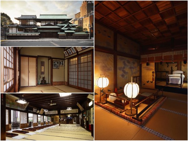 ▲左上から:酸化によって変色した青銅の屋根が印象的な『又新殿・霊の湯棟』。今回の工事により新しい銅板に葺き替えられるため、屋根の色が変わる予定。左中:3階に8つ並ぶ個室の一番奥は、夏目漱石が好んで使っていた部屋。『坊っちゃんの間』として公開されていたが、1期工事中は見学休止。左下:約55畳の広さがある『神の湯二階席』では、現在も炭火でお茶を沸かし茶菓子が提供されている。右:明治32年に建てられた皇室専用の『又新殿』。玉座の間に使われている襖の銀箔は酸化して黒くなってしまったが、使えるものは極力使い続ける予定。畳は高麗縁(こうらいべり)と呼ばれる特殊な意匠、天井は檜の木目を市松に並べ、上から侵入者がヤリで突いても突き通せないよう3重構造になっている。今となっては修理職人がいない御簾も含めてしつらえや調度品は貴重なものばかり。保存修理工事はこうした館内の細かな箇所まで実施される