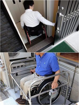 エレベーター(上)、段差昇降機(下)があれば車いすでも住戸内外を動きやすくなる。安価だからとスロープを進められるケースも多いそうだが、広い土地が必要だったり、体力のない人には使いにくかったりという問題があるという