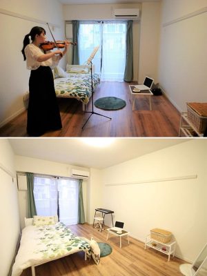 ★上)取材当日、プロのバイオリン奏者がモデルルームで演奏。玄関や隣室から音漏れをチェックしたが、ほとんど聞こえない。ちなみに「音楽マンション」で演奏OKの楽器はピアノから弦楽器、管楽器、琴や三味線まで幅広い。打楽器は不可(振動として周囲に伝わるため)</BR>★下)「サクラグラース」の居室(10帖)。両側の壁面には、付けなげしがほどこされている