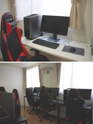 プロゲーマーの助言を受けて整えられた環境。自分で一式そろえようとすれば数十万円かかる(上)、6人で使用できるゲーミングルーム。ここでメンバー揃って練習し、その場で反省会を行うことが強さの秘訣のようだ(下)