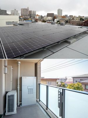【写真上】屋上に設置された太陽光パネル。一年間の太陽高度を踏まえて発電量を計算。少ない面積で12戸分の電力を賄うため、あえて傾斜をつけずに設置されている。ちなみにパネルは各戸の専有とし、12戸それぞれに計算され割り当てられているそう<br>【写真下】各戸のバルコニーに設置された燃料電池「エネファーム」(写真提供:積水ハウス)