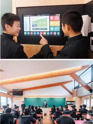 上/タッチパネル式のエコモニターを普通教室と「ラーニングコモンズ」に設置。環境情報が得られる設備によって、“生徒の工夫”を誘発する仕組みづくりも特徴</br>下/普通教室は各棟の最上階にあって南北両面から光が注ぐ。勾配屋根には木造の梁がそのまま見え、木のぬくもりを感じる