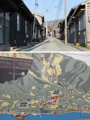 当時の町割りが残る「京町通り」。道の位置は江戸時代後期の文政期とほぼ変わらず、当時の雰囲気を保ちながら建物は修復が行われている(上)。昭和10年代の最盛期を支えた工場町の様子。坑道から大間港までの生産ラインが敷かれていた(下:写真提供「佐渡市」)