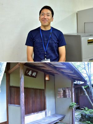 上/長岡京市 総合政策部 公共施設再編推進室 財産管理活用担当 室長補佐・近藤昇さん。「『暮らしランプ』の活動を通して中野家住宅に愛着を持ってもらい、みんなで保存していこうという機運が高まれば」 下/1951年に建てられた、敷地の東側にある茶室「皎庵(こうあん)」