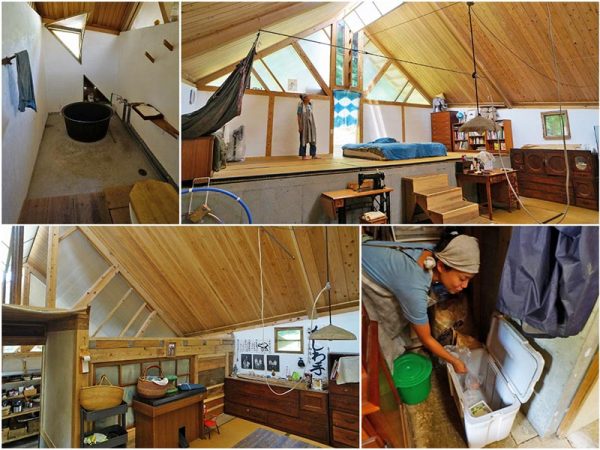 ▲こちらが高岡さんご一家が暮らす自宅スペース。「予算の都合で建物は基礎だけで引き渡してもらい、内装などはすべて教えてもらいながら自分たちでつくりました。直し方も教えてもらったから、壊れても怖くない(笑)」。廃棄予定の畳を畳店から分けてもらい、土間はワークショップを開催して参加者みんなで叩いて作った。なんと壁面の断熱材にも廃棄畳を使っているそうで、冬はとても暖かく快適に過ごせるという。「冷凍庫はあったら便利かなとは思いますが、氷を詰めたクーラボックスで代用しています。野菜は外の菜園で自給自足、マヨネーズやケチャップなどは基本的に手作りです」と博子さん。宿泊スペースでは照明を一切使用せずランプの炎だけが光源となるが、子どもたちの勉強時にはどうしても明りが必要になるため『自宅スペース』では太陽光パネルの自家発電で裸電球を灯している。お風呂は昔懐かしい五右衛門風呂だ