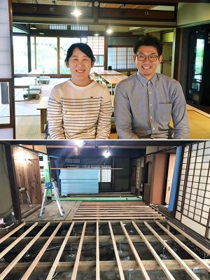 上/左が好日舎・中田貴子さん、右が「暮らしランプ」マネージャーの小林明弘さん。「室内には今見てもデザイン性が高い格子や欄間などがありますので、ぜひ注目してください」(小林さん) 下/改修時には、断熱材を入れる工事も行った