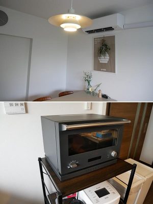 ルイスポールセンの照明がアクセントになっているキッチン(写真上)。バルミューダのオーブンレンジ(写真下)も完備。余計なものはもたず、好きなものや必要なものにはお金を惜しまないデンマークの暮らしがお手本に。<br>自分の好きな紅茶をいれてみる、お気に入りのアート作品や花を飾る、そういったこともヒュッゲな暮らしのひとつ(筆者撮影)