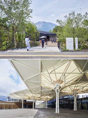 上/いなべ市役所の敷地内に誕生した「にぎわいの森」。木々の間にショップが点在し、散策するのも心地いい時間に。下/いなべ市役所の新市庁舎。いなべの自然を表現したデザインになっているという(写真提供:いなべ市役所)