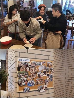 【写真上】中央のベレー帽の女性がハンさん。「外国からきた孤独とか寂しさ、不安はここに来てまったく感じなくなりました」と話す。写真は冬にみんなで餅つきパーティを行ったときのもの<br>【写真下】退去する人とのお別れパーティや夏の流しそうめん大会の様子など、思い出の写真がロビーに飾られている