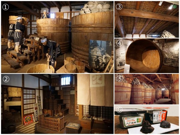 ①昔の味噌造りの様子。木桶など実物大。写真手前の人形が再現しているのは豆こうじに塩水を混ぜているところ。カクキューが作るこぶし大の“味噌玉”は、一般的な豆味噌と比べて大きめで、大きな味噌玉を作ることで微生物を多く抱え込み、独特の風味が出るという。右端は仕込みを終えた木桶の再現で、上には緻密に積み上げられた重石が。一般的な豆味噌の場合、重石は仕込み重量の4分の1~3分の1程度といい、水分を少なくする八丁味噌の特色が出ている②再現された昔の店先③竹製の天井④味噌の熟成に使っていた木桶。もともと木桶は日本酒の醸造に使われ、20年ほど経って劣化で酒が漏れるようになると、それを味噌や醤油の醸造元が買い取るという循環ができていた。しかし、戦後は木桶を使うところが減少し、現在、このように大きな木桶を作るのは大阪の1軒のみに。カクキューでは変わらず木桶のみを使用している。この木桶は1839(天保10)年に作られたものだが、カクキューではわずか5年後の1844(天保15)年に作られたものが現役で使われている。ちなみに、木桶の寿命は約150年⑤現在の熟成蔵。長年使いこまれた木桶に、昔と変わらぬ石積みの重石がされている(写真提供:合資会社八丁味噌)⑥カクキューの商品。手前が八丁味噌、奥は八丁味噌をベースに米味噌を合わせた赤出し味噌。赤出し味噌は柔らかいため、機械で袋詰めなどできるが、固い八丁味噌は機械が使えず、現在も手作業で詰めている