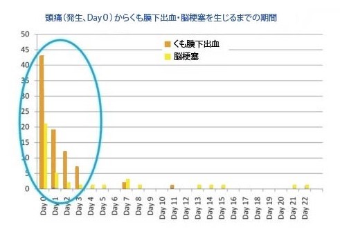 解離性脳動脈瘤において、頭痛（発生、Day０）からくも膜下出血・脳梗塞を生じるまでの期間  Mizutani T：Natural course of intracranial arterial dissections.J Neurosurg 114:1037-1044,2011より再編成