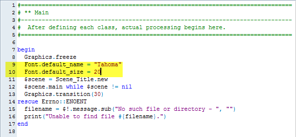 RPG Maker Main, Graphics.freeze section with specific font information added