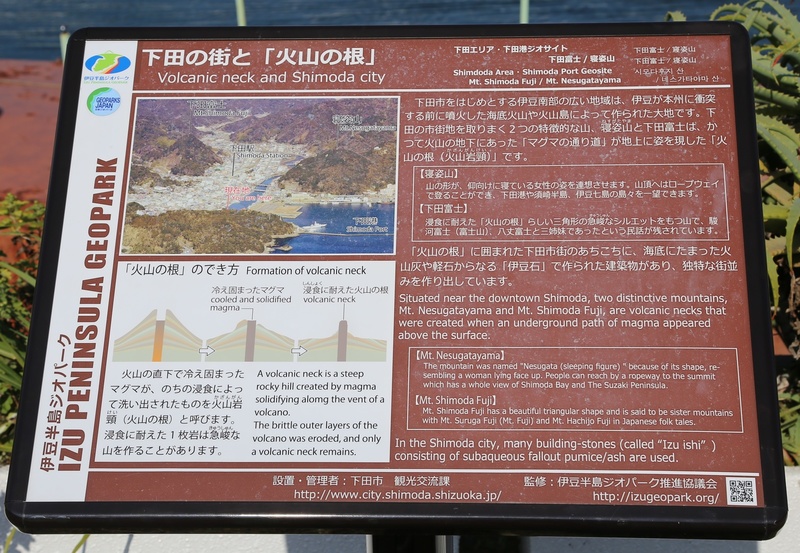 【下田と火山の関係を解説した案内板】<p>下田に来たら目につく「寝姿山」と「下田富士」。<br>こういった地形がどうしてできたかが案内板に書いてある。</p>