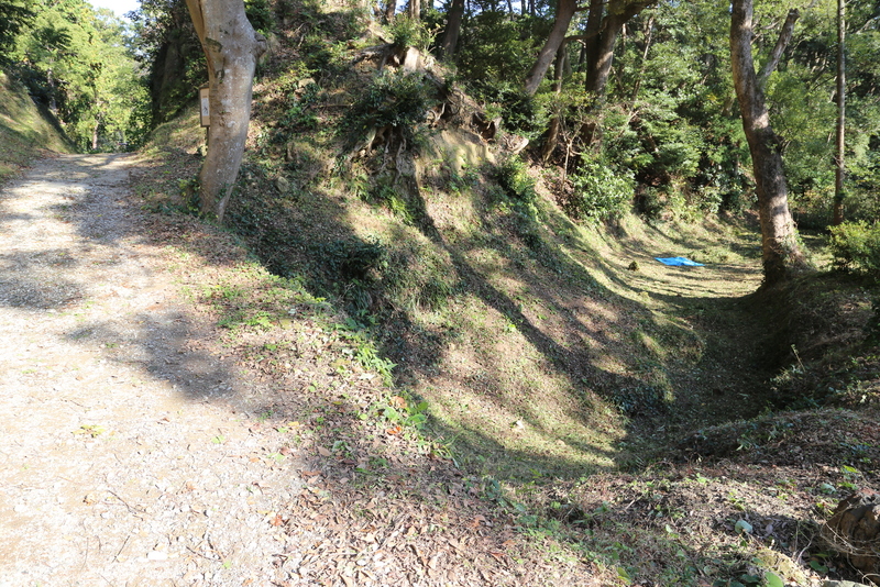 <p>下田城伝天守台の東側の空堀。当時は畝堀だったとのこと。<br>左側が堀切で、写真の左外が伝天守台。</p>
<p>作業員の方々が草刈りをしていた。お疲れ様です。</p>