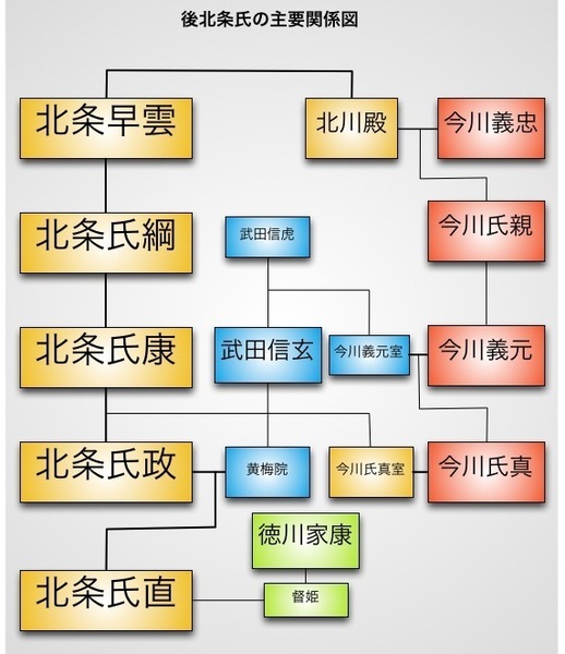 後北条氏と武田・今川・徳川氏の関係図。