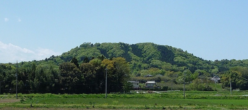 <p>【高見城】鎌倉街道上道から高見城を遠望。パッと見て、すぐに高見城（四津山城）だと気づいた。それぐらい、目立つ山。</p>
<p>現在、四津山の山頂からは北と西は木々が繁り見えないので、南と東にしか視界が開けていないが、おそらく、当時は北と西も木を切っていただろうから、360度の視野で見えただろう。</p>
<p>司馬遼太郎『箱根の坂』でも、北条早雲が扇谷上杉定正の援軍として参戦し、早雲が四津山城を騎馬で駆け上がる様を書いているが、そういう絵になる山城だと思う。</p>