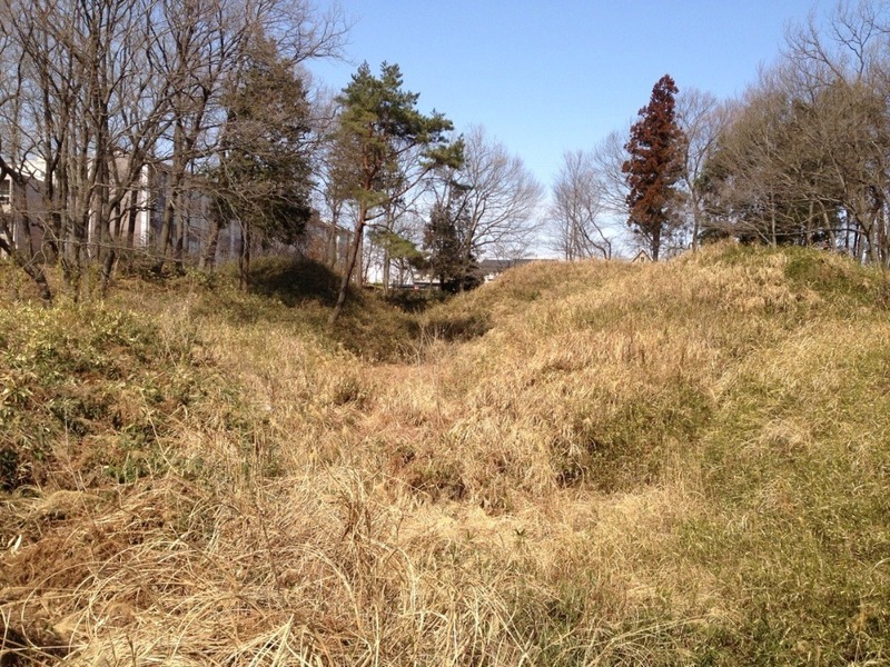 【菅谷館】三の郭と西の郭を分ける大規模な空堀と折れのある土塁。たぶん、伝わっていないと思うが、大規模で迫力がある。<br>      復元木橋の上から北向きに撮影している。