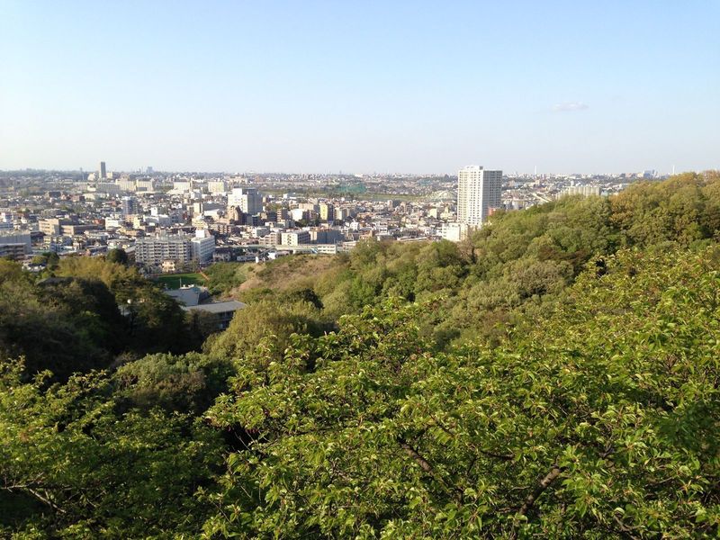 【枡形山城】武蔵野平野を遠望。中央右側の山が飯室山。出城的な役割を果たしていたと推測されている。飯室山の向こうに白いビルがあるが、その左手が多摩水道橋で、多摩川がその下を流れている。方角的には白いビルの右側に筑波山がある。