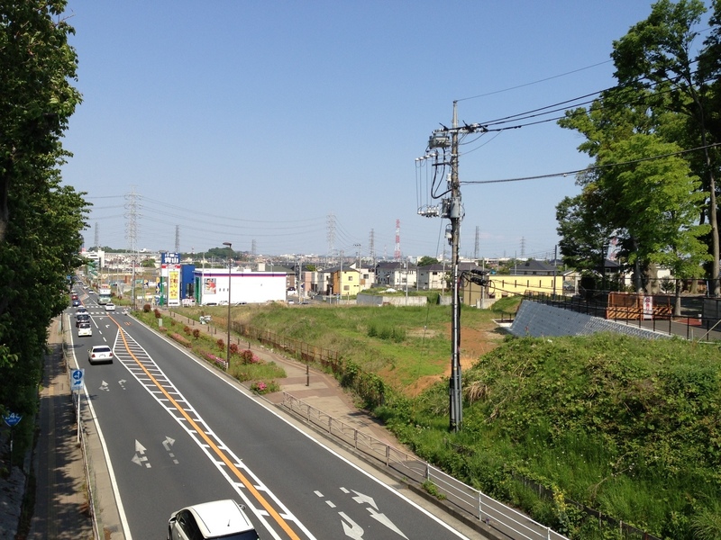 【丸山城】城は国道246号線で丸山城と高部屋神社に分断されている。南東方向は低地になっていく。右側に若干、高部屋神社が写っている。