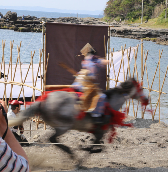 【新井城】笠懸。射手は女性。      馬が疾走する中、的を狙う。