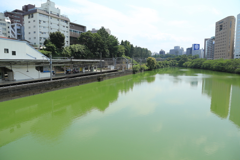 【江戸城】市ヶ谷の外堀。<br>      左がJR市ヶ谷駅。中央線の一部は、江戸城の外堀沿いを走っている。
