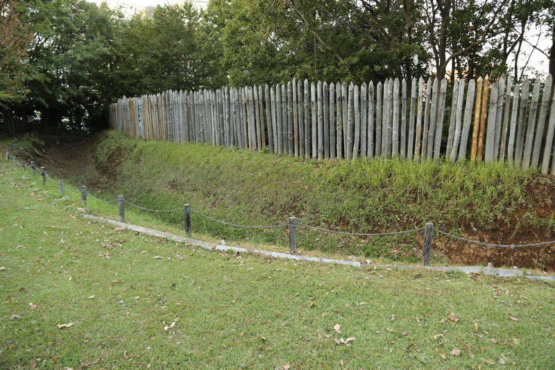 【大塚遺跡】土塁と堀。<br><br>      戦国時代の土塁は、堀の土を内部に掻き上げて作るが、大塚遺跡では、外側に掻き上げたようだ。なぜこういう構造にしたのか分からないが、当時の状況では何らかの合理性があったのかもしれない。<br><br>      なお、ここ（大塚遺跡の北側）が集落防衛の正面だったようで、ここからさらにもう一重の堀が発掘されている。