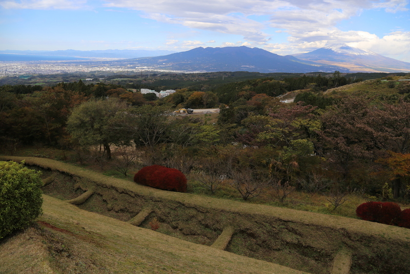 【山中城】岱崎出丸・南西の櫓台から畝堀を撮影。<br>      右上が富士山、中央に愛鷹山、左側が沼津方面。<br><br>      現在、岱崎出丸の西側には国道一号線が通っているが、戦国期にも箱根道が通っていた。つまり、山中城は関所が要塞化した城。<br><br>      ここに立っていると、富士山の圧力を強く感じた。<br>      強く大きく美しくあるべきだという感じ。<br><br>      もしかしたら、山中城の設計者にもそんな影響を及ぼしたのかなと空想した。