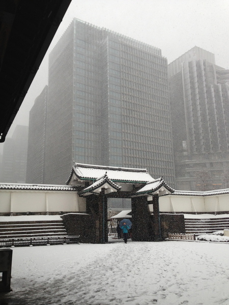 【江戸城】雪の大手門の高麗門。<br>      高麗門をくぐる人、高麗門、その後ろにあるビルの規模感が分かる一枚。