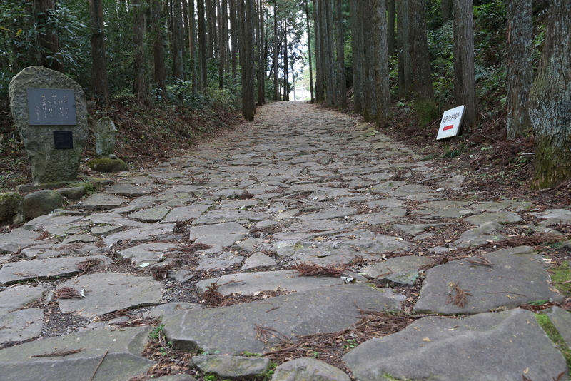 【山中城岱崎出丸西側、箱根旧街道の復元石畳】<p>箱根旧街道の復元された石畳。<br>山中城岱崎出丸から側射される位置にある。<br><br>江戸期の1680年頃には、石畳に改修されたとのこと。<br>そのため、小田原戦役（1590年）の山中城攻防戦の時には、まだ土の道だったはず。<br><br>岱崎出丸攻撃隊の右翼先鋒は中村一氏隊で、中村隊の下に渡辺勘兵衛了（さとる）もいた。渡辺勘兵衛は山中城の一番乗りしたとされ、この戦いの回想録を『渡辺水庵覚書』としてしたためた。<br>当時、彼もこの辺を必死に走ったのではないか。</p>