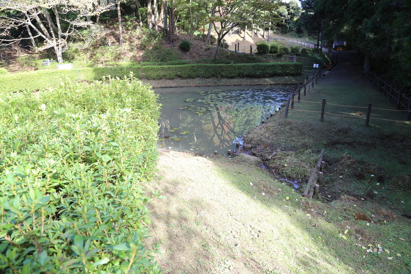 【山中城の田尻の池】<p>田尻の池は馬用の飲料水に使われたという。<br>手前に見えるように、田尻の池から三の丸堀に排水された。</p><br><p>右奥に、将兵飲料用の井戸（箱井戸跡）がある。</p>