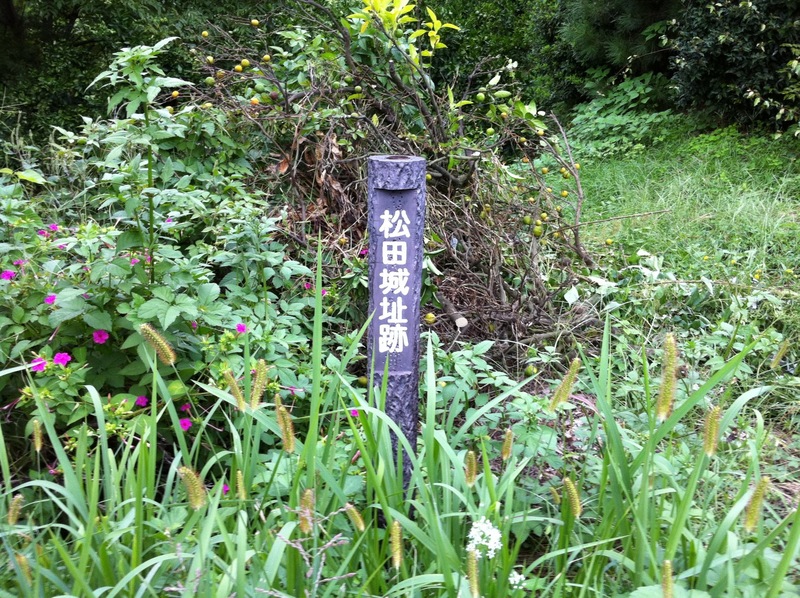 【松田城標柱】<p>松田城に入っていくと、中年の男性が草刈をしていた。お陰で歩きやすかった。</p>
<p>かつての曲輪はみかん畑に変っていた。何だか懐かしい風景だった。城の遺構としては見るべきものはあまりなかったが、その眺めの良さを考えると来た甲斐があった。</p>