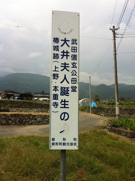 椿城に行った時、看板に「武田信玄公母堂、大井夫人誕生の椿城跡」という看板があった。私は椿城を、武田信虎の宿敵、大井信達の牙城と捉えていたので、ちょっとした衝撃があった。言い方一つで印象は変わるものだ。