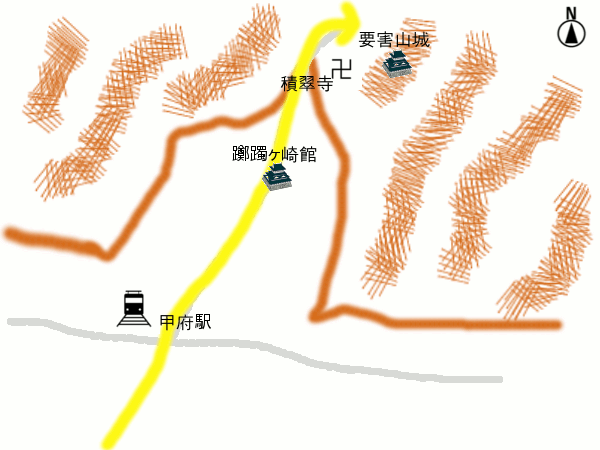 【躑躅ヶ崎館付近の絵地図】<div>躑躅ヶ崎館は相川扇状地の谷に位置し、西側は北から南へ荒川、東側は北東から南西へ笛吹川が流れている。北には山の麓に積翠寺が、詰の城として要害山城がある。 <br>福島勢乱入の際（1521年）、武田信虎は身重の大井夫人を積翠寺に避難させ、大井夫人はその地でのちの武田信玄を生んだ。 この時を含め、結局、要害山城で戦闘が行われることはなかった。</div>