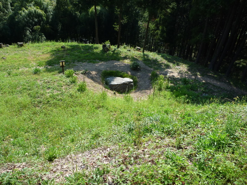 <p>杉山城の井戸跡。<br>廃城時に置かれた思われる巨石が見える。</p>