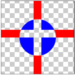 図1.12: XOR: 丸(DST)と十字(SRC)の画像の重なる部分だけ透明になっている